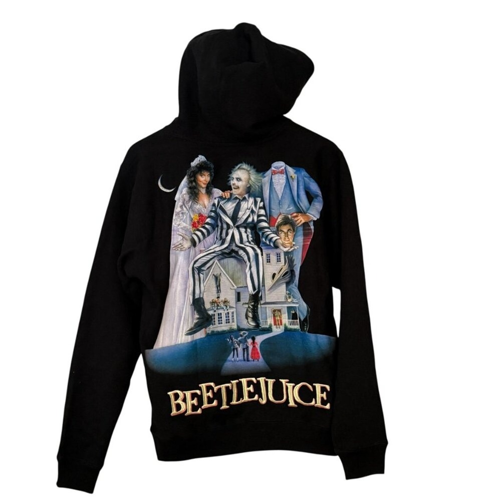 NWT Beetlejuice Movie Graphic Hoodie Mens Size Small Black Pullover Horror Goth